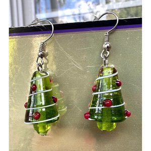 Christmas Tree Earrings Handmade Hand Painted Glass Hook New Festive One…